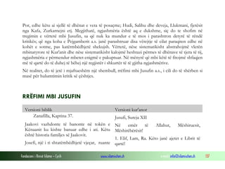 Fondacioni i Rinisë Islame — Cyrih www.islamischen.ch e-mail: info@islamischen.ch 137
Por, edhe këtu ai sjellë të dhënat e veta të posaçme; Hudi, Salihu dhe deveja, Llukmani, fjetësit
nga Kafa, Zurkarnejni etj. Megjithatë, ngjashmëria është aq e dukshme, siç do te shofim në
tregimin e vërtetë mbi Jusufin, sa që nuk ka mundur e të mos i parashtron detyrë të rëndë
kritikës; që nga koha e Pejgamberit a.s. janë parashtruar disa vërejtje të cilat paraqiten edhe në
kohët e sotme, pas katërmbëdhjetë shekujsh. Vërtetë, nëse sistematikisht abstrahojmë vlerën
mbinatyrore të Kur'anit dhe nëse sistematikisht kalojmë heshtazi përmes të dhënave të tjera të tij,
ngjashmëria e përmendur mbetet enigmë e pakuptuar. Në mënyrë që mbi këtë të fitojmë shfaqjen
më të qartë do të duhej të bëhej një regjistër i shkurtër të të gjitha ngjashmërive.
Në realitet, do të jetë i mjaftueshëm një shembull, rrëfimi mbi Jusufin a.s., i cili do të shërben si
masë për hulumtimin kritik së çështjes.
RRËFIMI MBI JUSUFIN
Versioni biblik Versioni kur'anor
Zanafilla, Kaptina 37.
Jaakovi vazhdonte të banonte në tokën e
Kënaanit ku kishte banuar edhe i ati. Këtu
është historia familjes së Jaakovit.
Josefi, një i ri shtatëmbëdhjetë vjeçar, ruante
Jusufi, Sureja XII
Në emër të Allahut, Mëshiruesit,
Mëshirëbërësit!
1. Elif, Lam, Ra. Këto janë ajetet e Librit të
qartë!
 