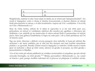 Fondacioni i Rinisë Islame — Cyrih www.islamischen.ch e-mail: info@islamischen.ch 210
K. 50.
N. 68.
Përgjithësisht, simbolet të cilat i kemi ndarë në tabelë, me të vërtetë janë "pakuptueshmëritë". Ato
mund të shpjegohen vetëm si shenja të thjeshta konvencionale, si aluzione diskrete në ndonjë
lëndë përsosmërisht të caktuar, e të cilën besnikërisht e kupton një Unë i vetëdijshëm. A ka të bëj
me Unin e Muhammedit a.s.?
Nëse do t'ishte kështu, atëherë do të duhej të supozohej se ai më nuk është pasiv por,
përkundrazi, në mënyrë të vetëdijshme ndërhynë dhe mendon për zgjedhjen e shkronjave për
dedikimin e tyre simbolik që me marrëveshje të cakton ndonjë lëndë të paramenduar në mënyrë
pasive. Këto janë gjithsesi kundërthënie të hapta me rolin pasiv i cili iu është përshkruar atij Uni
në kriterin e parë.
Nga ana tjetër, shkronjat e alfabetit vetvetiu paraqesin vlera simbolike të huaja për aftësinë dhe
njohurinë e një njeriu analfabet, për të cilin kësi lloj shenjash nuk kanë kurrfarë domethënie
praktike e as egzoterik. Prandaj vështirë mund të shpjegohet se simbolet e këtilla mund të marrin
pjesë në njohurinë e dikujt që është ummi, sidomos në gjendje të posaçme, siç është gjendja e
pranueshmërisë së Shpalljes.
A ka të bëj vetëm për ndonjë palidhmëri në vetëdijen momentalisht të çrregulluar, apo për ndonjë
sëmundje fiziologjike, siç është glosalia.xxxvi
Mirëpo, personaliteti i Muhammedit a.s., siç e pamë
në kriterin e parë, paraqet ekuilibër individual më të përsosur në pikëpamje të trefishtë: morale,
 