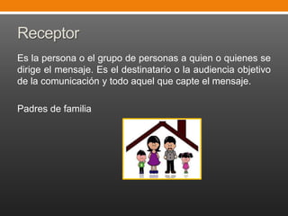 Receptor
Es la persona o el grupo de personas a quien o quienes se
dirige el mensaje. Es el destinatario o la audiencia objetivo
de la comunicación y todo aquel que capte el mensaje.
Padres de familia

 