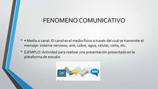 FENOMENO COMUNICATIVO
• • Medio o canal: El canal es el medio físico a través del cual se transmite el
mensaje: sistema nervioso, aire, cobre, agua, celular, carta, etc.
• EJEMPLO: Actividad para realizar una presentación presentada en la
plataforma de estudio
 