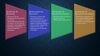 Síndrome de
Raynaud
•Abarca el Sx de
insuficiencia arterial de
los dedos,
independientemente de
su causa, ya sea que se
presente como isquemia
episódica o continua,
necrosis digital o
gangrena.
Enfermedad de
Raynaud
•Trastorno observado
principalmente en
mujeres jóvenes sanas y
que presentan asfixia
digital episódica debida a
una reacción exagerada
al frío de los vasos
digitales, por lo demás
normales
Fenómeno de
Raynaud primario
•Trastorno que ocurre en
ausencia de una
enfermedad subyacente
Fenómeno de
Raynaud secundario
•Trastorno secundario a
otra enfermedad; puede
preceder o coincidir o
suceder a la enfermedad
en que ocurre
 