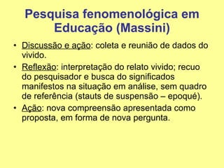 Pesquisa fenomenológica em Educação (Massini) Discussão e ação : coleta e reunião de dados do vivido. Reflexão : interpretação do relato vivido; recuo do pesquisador e busca do significados manifestos na situação em análise, sem quadro de referência (stauts de suspensão – epoqué). Ação : nova compreensão apresentada como proposta, em forma de nova pergunta. 