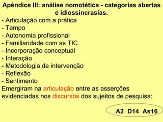 Apêndice III: análise nomotética - categorias abertas e idiossincrasias. - Articulação com a prática - Tempo - Autonomia profissional - Familiaridade com as TIC - Incorporação conceptual - Interação - Metodologia de intervenção - Reflexão - Sentimento Emergiram na  articulação  entre as asserções evidenciadas nos  discursos  dos sujeitos de pesquisa: A2  D14  As16 