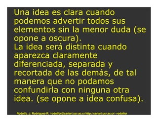 Una idea es clara cuando
podemos advertir todos sus
elementos sin la menor duda (se
opone a oscura).
La idea será distinta cuando
aparezca claramente
diferenciada, separada y
recortada de las demás, de tal
manera que no podamos
confundirla con ninguna otra
idea. (se opone a idea confusa).
Rodolfo_J. Rodríguez-R. /rodolfor@cariari.ucr.ac.cr/http://cariari.ucr.ac.cr/~rodolfor
 