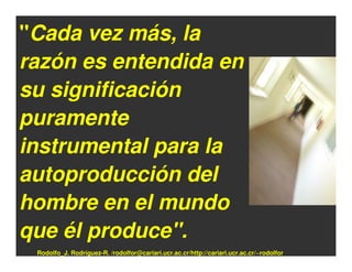 "Cada vez más, la
razón es entendida en
su significación
puramente
instrumental para la
autoproducción del
hombre en el mundo
que él produce".
 Rodolfo_J. Rodríguez-R. /rodolfor@cariari.ucr.ac.cr/http://cariari.ucr.ac.cr/~rodolfor
 