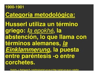 1900-1901

Categoría metodológica:
Husserl utiliza un término
griego: la epokhé, la
abstención, lo que llama con
términos alemanes, la
Einklammerung, la puesta
entre paréntesis -o entre
corchetes.
  Rodolfo_J. Rodríguez-R. /rodolfor@cariari.ucr.ac.cr/http://cariari.ucr.ac.cr/~rodolfor
 