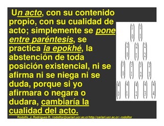 Un acto, con su contenido
propio, con su cualidad de
acto; simplemente se pone
entre paréntesis, se
practica la epokhé, la
abstención de toda
posición existencial, ni se
afirma ni se niega ni se
duda, porque si yo
afirmara o negara o
dudara, cambiaría la
cualidad del acto.
  Rodolfo_J. Rodríguez-R. /rodolfor@cariari.ucr.ac.cr/http://cariari.ucr.ac.cr/~rodolfor
 