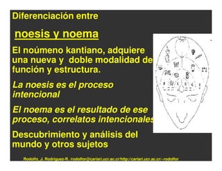 Diferenciación entre

noesis y noema
El noúmeno kantiano, adquiere
una nueva y doble modalidad de
función y estructura.
La noesis es el proceso
intencional
El noema es el resultado de ese
proceso, correlatos intencionales
Descubrimiento y análisis del
mundo y otros sujetos
  Rodolfo_J. Rodríguez-R. /rodolfor@cariari.ucr.ac.cr/http://cariari.ucr.ac.cr/~rodolfor
 
