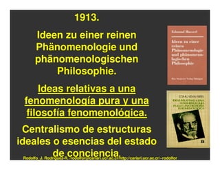 1913.
       Ideen zu einer reinen
       Phänomenologie und
       phänomenologischen
           Philosophie.
     Ideas relativas a una
 fenomenología pura y una
  filosofía fenomenológica.
 Centralismo de estructuras
ideales o esencias del estado
        de conciencia.
 Rodolfo_J. Rodríguez-R. /rodolfor@cariari.ucr.ac.cr/http://cariari.ucr.ac.cr/~rodolfor
 