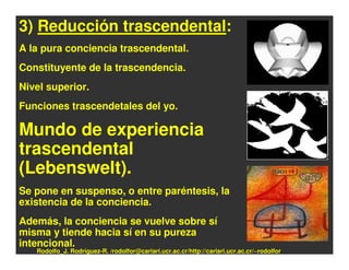 3) Reducción trascendental:
A la pura conciencia trascendental.
Constituyente de la trascendencia.
Nivel superior.
Funciones trascendetales del yo.

Mundo de experiencia
trascendental
(Lebenswelt).
Se pone en suspenso, o entre paréntesis, la
existencia de la conciencia.
Además, la conciencia se vuelve sobre sí
misma y tiende hacia sí en su pureza
intencional.
   Rodolfo_J. Rodríguez-R. /rodolfor@cariari.ucr.ac.cr/http://cariari.ucr.ac.cr/~rodolfor
 