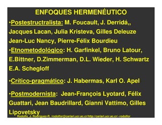 ENFOQUES HERMENÉUTICO
•Postestructralista: M. Foucault, J. Derridá,,
Jacques Lacan, Julia Kristeva, Gilles Deleuze
Jean-Luc Nancy, Pierre-Félix Bourdieu
•Etnometodológico: H. Garfinkel, Bruno Latour,
E.Bittner, D.Zimmerman, D.L. Wieder, H. Schwartz
E.A. Schegloff

•Crítico-pragmático: J. Habermas, Karl O. Apel

•Postmodernista: Jean-François Lyotard, Félix
Guattari, Jean Baudrillard, Gianni Vattimo, Gilles
Lipovetsky
   Rodolfo_J. Rodríguez-R. /rodolfor@cariari.ucr.ac.cr/http://cariari.ucr.ac.cr/~rodolfor
 