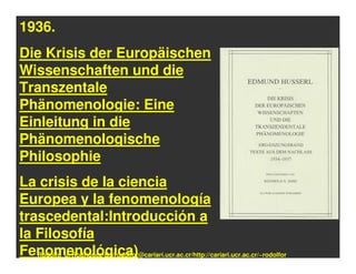 1936.
Die Krisis der Europäischen
Wissenschaften und die
Transzentale
Phänomenologie: Eine
Einleitung in die
Phänomenologische
Philosophie
La crisis de la ciencia
Europea y la fenomenología
trascedental:Introducción a
la Filosofía
Fenomenológica)
   Rodolfo_J. Rodríguez-R. /rodolfor@cariari.ucr.ac.cr/http://cariari.ucr.ac.cr/~rodolfor
 