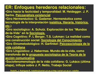ER: Enfoques herederos relacionales:
•Giro hacia la facticidad y temporalidad: M. Heidegger. J. P.
Sartre. Psicoanálisis existencial
•Giro Hermenéutico: G. Gadamer. Hermenéutica como
tecnología de la interpretación (estética, literaria, histórica,
etc.)
•Giro sociológico: A. Schutz. Exploración de los “Mundos
de-la-Vida” en la Sociología.
•Giro Cognitivo: P. L Berger, T.S. Lukman: La realidad como
una construcción social: Sociología del Conocimiento
•Giro Etnometodológico: H. Garfinkel: Psicosociología de la
vída cotidiana
•Giro Lingüístico: J. Habermas. Mundo-de-la-vida, como
transfondo de la propuesta sociológica de la Teoría de la
acción comunicativa
•Sociofenomenología de la vida cotidiana: G. Lukács (última
etapa), influye sobre J. P. Netto, Trabajo Social
   Rodolfo_J. Rodríguez-R. /rodolfor@cariari.ucr.ac.cr/http://cariari.ucr.ac.cr/~rodolfor
 
