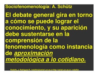 Sociofenomenología: A. Schütz

El debate general gira en torno
a cómo se puede lograr el
conocimiento, y su aparición
debe sustentarse en la
comprensión de la
fenomenología como instancia
de aproximación
metodológica a lo cotidiano.
  Rodolfo_J. Rodríguez-R. /rodolfor@cariari.ucr.ac.cr/http://cariari.ucr.ac.cr/~rodolfor
 