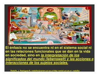 El énfasis no se encuentra ni en el sistema social ni
en las relaciones funcionales que se dan en la vida
en sociedad, sino en la interpretación de los
significados del mundo (lebenswelt) y las acciones e
interacciones de los sujetos sociales.

   Rodolfo_J. Rodríguez-R. /rodolfor@cariari.ucr.ac.cr/http://cariari.ucr.ac.cr/~rodolfor
 