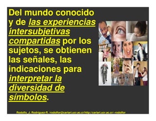 Del mundo conocido
y de las experiencias
intersubjetivas
compartidas por los
sujetos, se obtienen
las señales, las
indicaciones para
interpretar la
diversidad de
símbolos.
 Rodolfo_J. Rodríguez-R. /rodolfor@cariari.ucr.ac.cr/http://cariari.ucr.ac.cr/~rodolfor
 