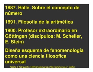 1887. Halle. Sobre el concepto de
número
1891. Filosofía de la aritmética
1900. Profesor extraordinario en
Göttingen (discípulos: M. Scheller,
E. Stein)
Diseña esquema de fenomenología
como una ciencia filosófica
universal
  Rodolfo_J. Rodríguez-R. /rodolfor@cariari.ucr.ac.cr/http://cariari.ucr.ac.cr/~rodolfor
 