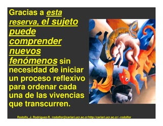 Gracias a esta
reserva, el sujeto
puede
comprender
nuevos
fenómenos sin
necesidad de iniciar
un proceso reflexivo
para ordenar cada
una de las vivencias
que transcurren.
  Rodolfo_J. Rodríguez-R. /rodolfor@cariari.ucr.ac.cr/http://cariari.ucr.ac.cr/~rodolfor
 
