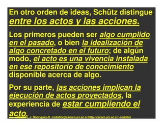 En otro orden de ideas, Schütz distingue
entre los actos y las acciones.
Los primeros pueden ser algo cumplido
en el pasado, o bien la idealización de
algo concretado en el futuro; de algún
modo, el acto es una vivencia instalada
en ese repositorio de conocimiento
disponible acerca de algo.
Por su parte, las acciones implican la
ejecución de actos proyectados, la
experiencia de estar cumpliendo el
acto.
  Rodolfo_J. Rodríguez-R. /rodolfor@cariari.ucr.ac.cr/http://cariari.ucr.ac.cr/~rodolfor
 