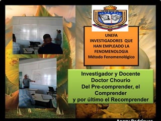 UNEFA
INVESTIGADORES QUE
HAN EMPLEADO LA
FENOMENOLOGIA
Método Fenomenológico
Investigador y Docente
Doctor Chourio
Del Pre-comprender, el
Comprender
y por último el Recomprender
 