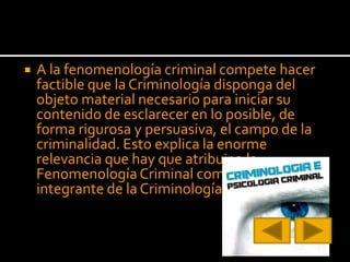  A la fenomenología criminal compete hacer
factible que la Criminología disponga del
objeto material necesario para iniciar su
contenido de esclarecer en lo posible, de
forma rigurosa y persuasiva, el campo de la
criminalidad. Esto explica la enorme
relevancia que hay que atribuir a la
Fenomenología Criminal como parte
integrante de la Criminología científica.
 