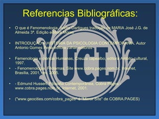 Referencias Bibliográficas: O que é Fenomenologia, Andre Dartigues tradução de MARIA José J.G. de Almeida 3ª. Edição editora Moras INTRODUÇAO A HISTORIA DA PSICOLOGIA CONTEMPORANIA. Autor Antonio Gomes Pena editora zahar editores Femenologia e ciência Humanas, Creuza capealbo, editora Ambito cultural, 1997. - Fenomenologia. Filotemas, Site www.cobra.pages.nom.br, Internet, Brasília, 2001, rev. 2005. - Edmund Husserl. Filosofia Contemporânea, Cobra Pages - www.cobra.pages.nom.br, Internet, 2001.  ("www.geocities.com/cobra_pages" é "Mirror Site" de COBRA.PAGES) 
