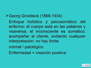 Georg Groddeck (1866-1934) Enfoque holístico y psicosomático del enfermo; el cuerpo está en las palabras y viceversa; el inconsciente es somático; acompañar al cliente, evitando cualquier interpretación; no hay límite  normal / patológico:  Enfermedad = creación positiva. 