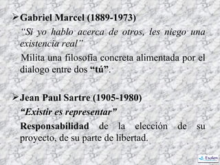 Gabriel Marcel (1889-1973) “ Si yo hablo acerca de otros, les niego una existencia real”   Milita una filosofía concreta alimentada por el dialogo entre dos  “tú” . Jean Paul Sartre (1905-1980) “ Existir es representar” Responsabilidad  de la elección de su proyecto, de su parte de libertad. 
