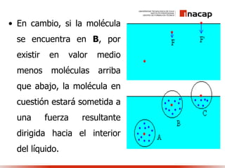 • En cambio, si la molécula
se encuentra en B, por
existir en valor medio
menos moléculas arriba
que abajo, la molécula en
cuestión estará sometida a
una fuerza resultante
dirigida hacia el interior
del líquido.
 