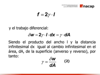 y el trabajo diferencial:
Siendo el producto del ancho l y la distancia
infinitesimal dx igual al cambio infinitesimal en el
área, dA, de la superficie (anverso y reverso), por
tanto:
lf  2
w l dx dA      2
w
dA

  (2)
 