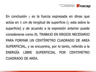 En conclusión  es la fuerza expresada en dinas que
actúa en 1 cm de longitud de superficie ( esta sobre la
superficie) y de acuerdo a la expresión anterior puede
considerarse como EL TRABAJO EN ERGIOS NECESARIO
PARA FORMAR UN CENTÍMETRO CUADRADO DE AREA
SUPERFICIAL, y se encuentra, por lo tanto, referido a la
ENERGÍA LIBRE SUPERFICIAL POR CENTIMETRO
CUADRADO DE AREA.
 