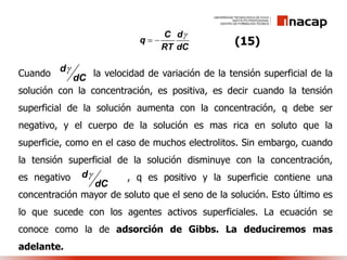 C d
q
RT dC

  (15)
Cuando la velocidad de variación de la tensión superficial de la
solución con la concentración, es positiva, es decir cuando la tensión
superficial de la solución aumenta con la concentración, q debe ser
negativo, y el cuerpo de la solución es mas rica en soluto que la
superficie, como en el caso de muchos electrolitos. Sin embargo, cuando
la tensión superficial de la solución disminuye con la concentración,
es negativo , q es positivo y la superficie contiene una
concentración mayor de soluto que el seno de la solución. Esto último es
lo que sucede con los agentes activos superficiales. La ecuación se
conoce como la de adsorción de Gibbs. La deduciremos mas
adelante.
d
dC

d
dC

 