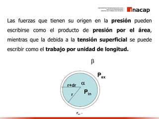 Las fuerzas que tienen su origen en la presión pueden
escribirse como el producto de presión por el área,
mientras que la debida a la tensión superficial se puede
escribir como el trabajo por unidad de longitud.
extF 
 