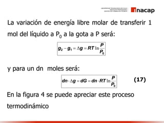 La variación de energía libre molar de transferir 1
mol del líquido a P0 a la gota a P será:
y para un dn moles será:
0
12
P
P
RTggg ln
0P
P
RTdndGgdn ln (17)
En la figura 4 se puede apreciar este proceso
termodinámico
 