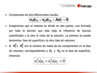 • Comparando los dos diferenciales resulta:
• Imaginemos que el sistema se divide en dos partes, una formada
por toda la porción que esta bajo la influencia de fuerzas
superficiales y la otra el resto de la solución. La primera se puede
denominar fase de superficie y la otra fase de volumen.
• Si y son el número de moles de los componentes en la fase
de volumen, correspondientes a y en la fase de superficie,
entonces:
02211   Addndn
0
1n 0
2n
1n 2n
02
0
21
0
1   dndn
 