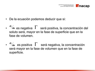 • De la ecuación podemos deducir que si:
• es negativa será positiva, la concentración del
soluto será, mayor en la fase de superficie que en la
fase de volumen.
• es positiva será negativa, la concentración
será mayor en la fase de volumen que en la fase de
superficie.
da
d

da
d

 