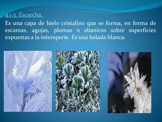 4.1.5. Escarcha.
Es una capa de hielo cristalino que se forma, en forma de
escamas, agujas, plumas o abanicos sobre superficies
expuestas a la intemperie. Es una helada blanca.
 