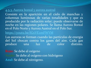 4.5.3. Aurora boreal y aurora austral
Consiste en la aparición en el cielo de manchas y
columnas luminosas de varias tonalidades y que es
producido por la radiación solar; puede observarse de
noche en las regiones polares. Se llama Aurora Boreal
en el Polo Norte y Aurora Austral en el Polo Sur.
https://youtu.be/lGxVE2mFWYM
Las auroras se forman cuando las partículas de energía
del Sol chocan contra los gases del aire. Cada gas
produce una luz de color distinto.
Rojo: Se debe al oxígeno
Verde: Se debe al oxígeno con hidrógeno
Azul: Se debe al nitrógeno.
 