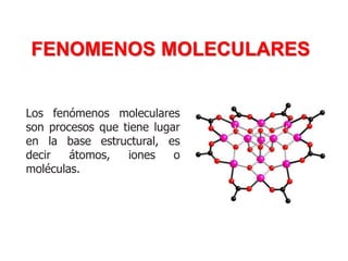 FENOMENOS MOLECULARES
Los fenómenos moleculares
son procesos que tiene lugar
en la base estructural, es
decir átomos, iones o
moléculas.
 