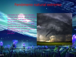 Fenómeno natural extremo

•   Casi todos los fenómenos naturales
    conocen gladiatorias, así por ejemplo
    una lluvia de unos pocos mm en un
    día no suele causas daños, salvo en
    condiciones muy particulares, pero
    una lluvia de más de 100 mm en un
    día seguramente causara problemas
    muy serios en el área donde
    precipita.
 