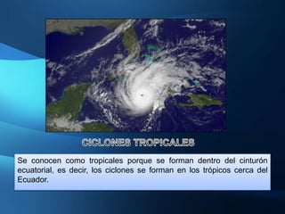 Se conocen como tropicales porque se forman dentro del cinturón
ecuatorial, es decir, los ciclones se forman en los trópicos cerca del
Ecuador.
 