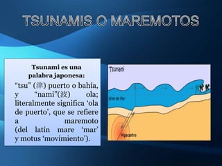 Tsunami es una
    palabra japonesa:
“tsu” (津) puerto o bahía,
y      “nami”(波)       ola;
literalmente significa „ola
de puerto‟, que se refiere
a              maremoto
(del latín mare „mar‟
y motus „movimiento‟).
 