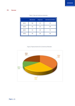 Página ---- A
ANEXOS
IV. Anexos
Tabla 1: Tipos de Fenómenos Naturales
HELADAS SEQUIAS INUNDACIONES
2013 50 15 35
2014 35 25 40
2015 15 10 75
2016 30 20 50
2013
38%
2014
27%
2015
12%
2016
23%
Figure 2: Representación de los Fenómenos Naturales
 