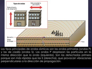 Los tipos principales de ondas sísmicas son las ondas primarias (ondas P) y las de cizalla (ondas S). Las ondas P desplazan las partículas en la misma dirección que la onda (izquierda). Son las detectadas primero porque son más rápidas que las S (derecha), que provocan vibraciones perpendiculares a la dirección de propagación. 