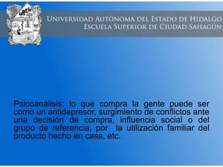 Psicoanálisis: lo que compra la gente puede ser
como un antidepresor, surgimiento de conflictos ante
una decisión de compra, influencia social o del
grupo de referencia, por la utilización familiar del
producto hecho en casa, etc.
 