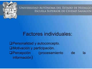 Factores individuales:
Personalidad y autoconcepto.
Motivación y participación.
Percepción (procesamiento de la
información)
 