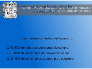 Como controlan las mujeres los
desembolsos
Las mujeres controlan o influyen en...
 El 80% de todas las decisiones de compra.
 El 80% de las compra de nuevos vehículos.
 El 46% de las compras de ropa para caballero.
 