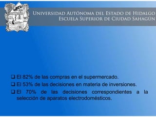  El 82% de las compras en el supermercado.
 El 53% de las decisiones en materia de inversiones.
 El 70% de las decisiones correspondientes a la
selección de aparatos electrodomésticos.
 