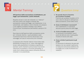 155155155
All’apertura della successione si individuano, per
legge o per testamento, i primi chiamati.
Rispetto ad essi vi sono dei chiamati c.d. “ulteriori”
che sono coloro che vengono chiamati alla
successione, sempre per legge o per testamento, in via
subordinata, solo laddove i primi chiamati non possano
o non vogliano accettare l’eredità a loro offerta.
Il termine per l’accettazione dell’eredità è sempre di 10
anni.
Esso decorre dall’apertura della successione anche
per i chiamati ulteriori, i quali potrebbero veder
inutilmente decorrere il termine decennale a loro
svantaggio nel caso di inerzia dei primi chiamati.
La posizione dei chiamati ulteriori trova tutela nella
possibilità di proporre la c.d. “actio interrogatoria”,
ovvero nella possibilità di richiedere al giudice di
esortare i primi chiamati a pronunciarsi circa la loro
intenzione di accettare o rinunciare all’eredità, in
modo che la stessa possa essere utilmente offerta ai
chiamati in via subordinata.
1. Da quando decorre il termine
per accettare l’eredità?
Il termine per accettare l’eredità è di 10
anni e decorre dal giorno dell’apertura
della successione, ovvero della morte.
2. Come si individuano i successori?
Con il testamento o in mancanza
secondo quanto prescritto dalla legge.
3. A chi va l’eredità senza eredi?
In mancanza di successibili, cioè di
arenti del defunto entro il sesto grado,
l’eredità di devolve allo stato.
4. Come si divide il patrimonio tra gli
eredi?
In mancanza di indicazioni da parte del
testaore, tra i più coeredi il patrimonio
si instaura la comunione ereditaria che
si scioglie con un atto di divisione tra i
medesimi
Mental Training Question time
MENTAL
TRAINING
QUESTIONTIME
?
 