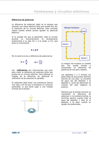 Fenómenos y circuitos eléctricos

Diferencia de potencial

La diferencia de potencial (ddp) es el impulso que
necesita una carga eléctrica para que pueda fluir por
el conductor de un circuito eléctrico, esta corriente
cesará cuando ambos puntos igualen su potencial
eléctrico.

Si la energía (E) que el generador cede al circuito
durante   su    funcionamiento   es   directamente
proporcional a su dpp (V) y a la carga, q (C), que
pone en movimiento.




Por lo tanto la d.d.p o diferencia de potencial es:



                                                        La imagen nos muestra un modelo
                                                        que    nos    puede     ayudar   a
                                                        comprender La diferencia de
Los voltímetros son instrumentos que sirve              potencial de una pila o batería.
para medir la diferencia de potencial entre dos
puntos de un circuito eléctrico. Para efectuar la       Los depósitos 1 y 2 simulan los
medida de la diferencia de potencial el                 potenciales de dos puntos distintos
voltímetro ha de colocarse en paralelo.                 (bornes de una pila). La corriente
                                                        de agua cae del depósito 1 al
El voltímetro debe tener una resistencia interna        depósito 2, como los electrones se
muy alta, a fin de que no produzca un consumo           mueven del polo negativo al
apreciable, lo que daría lugar a una medida             positivo.
errónea de la tensión.
                                                        Mientras que la bomba funcione se
                                                        mantendrá      la    diferencia  de
                                                        potencial, si no existiera bomba, la
                                                        corriente pararía cuando toda el
                                                        agua del depósito 1 esté en el
                                                        depósito 2 es decir cuando se
                                                        igualen los potenciales.




                                                                     FÍSICA Y QUÍMIC    305
 